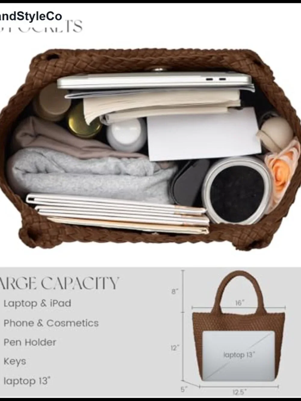Woven Vegan Leather Slouchy Tote Bag Large Capacity Laptop Shoulder Purse